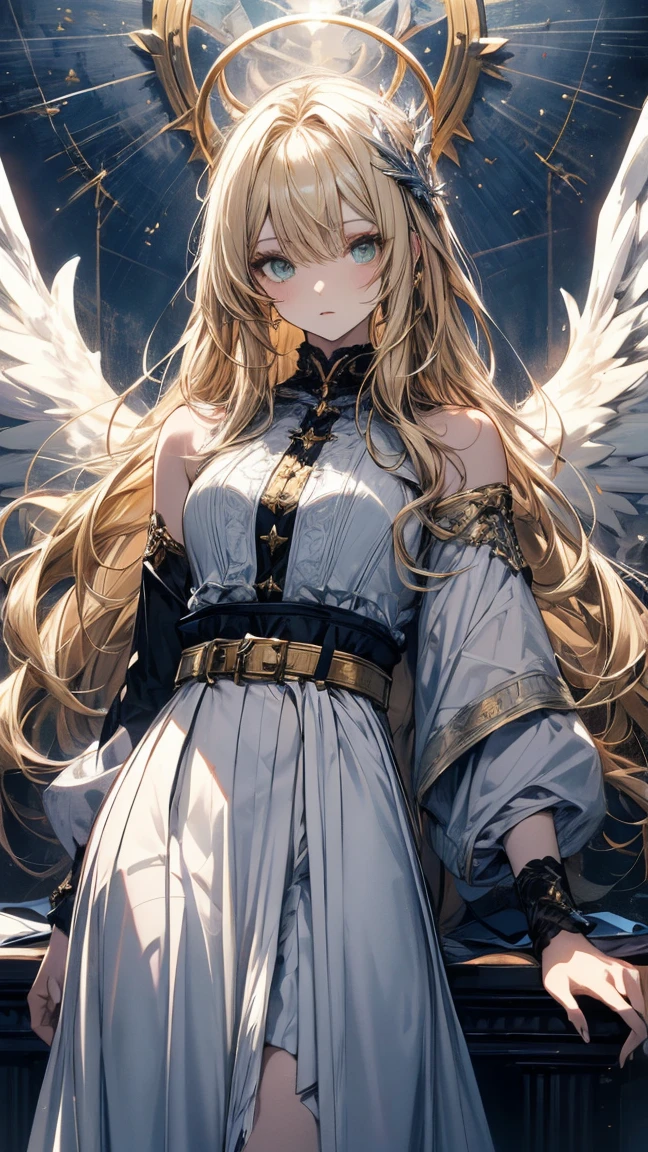 A humanoid biblically accurate angel with Golden blond hair, green eyes, pale skin, fluffy white wings usually folded behind her back, a white flared sleeve wrap top that is held in place by her belt,a white maxi skirt, halo’s that resemble the (Angel) Thrones which cover her eyes.
