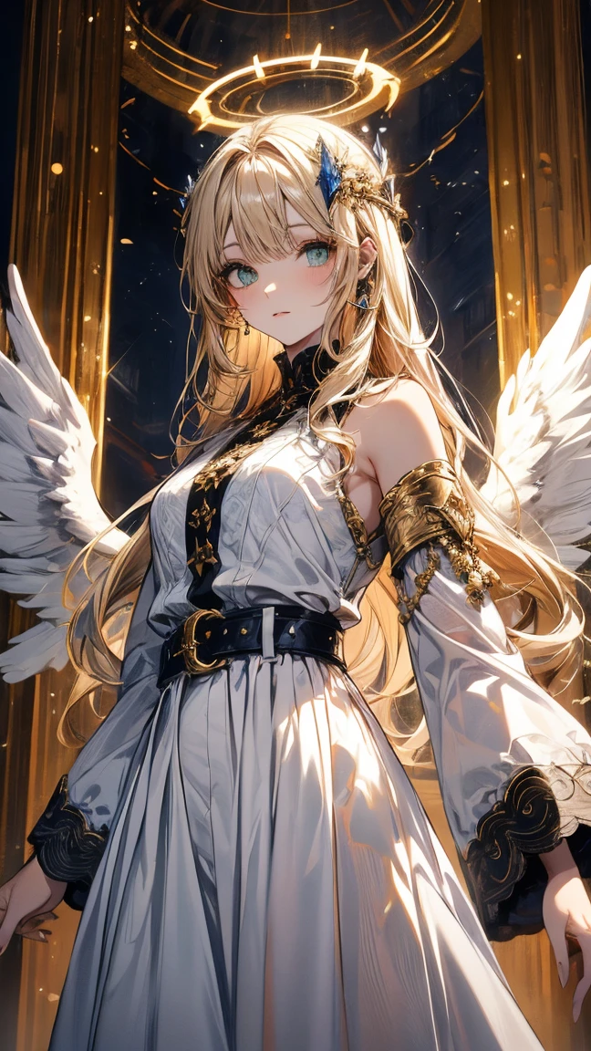 A humanoid biblically accurate angel with Golden blond hair, green eyes, pale skin, fluffy white wings usually folded behind her back, a white flared sleeve wrap top that is held in place by her belt,a white maxi skirt, halo’s that resemble the (Angel) Thrones which cover her eyes.