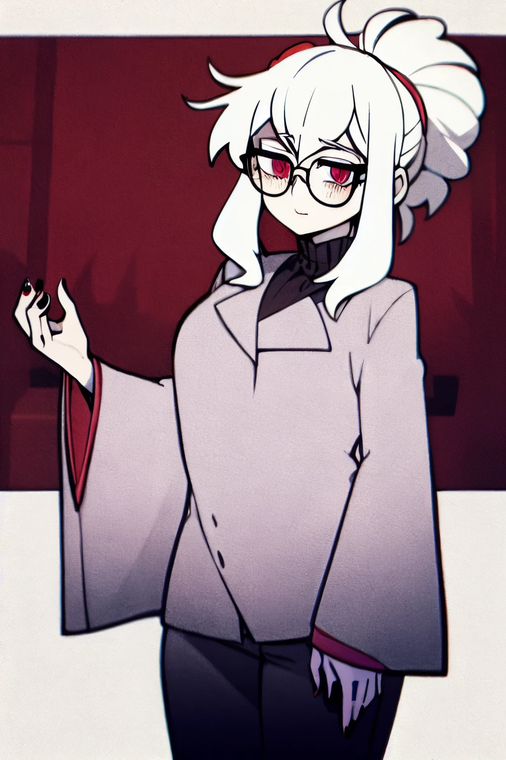 Young woman, White hair, ponytail hairstyle, Two strands in front+ Bangs, black-raspberry coat/nail, wide sleeves, white turtleneck, black pants, glasses with red tint