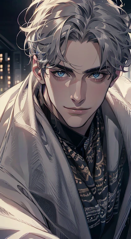 (best quality,4k,8k,highres,masterpiece:1.2),ultra-detailed,(realistic,photorealistic,photo-realistic:1.37),1 man,31 years old,mature man,very handsome,without expression,smile,short grey hair,blue eyes,penetrating gaze,perfect face without errors,imposing posture,businessman,office background,cinematic lighting,hdr image