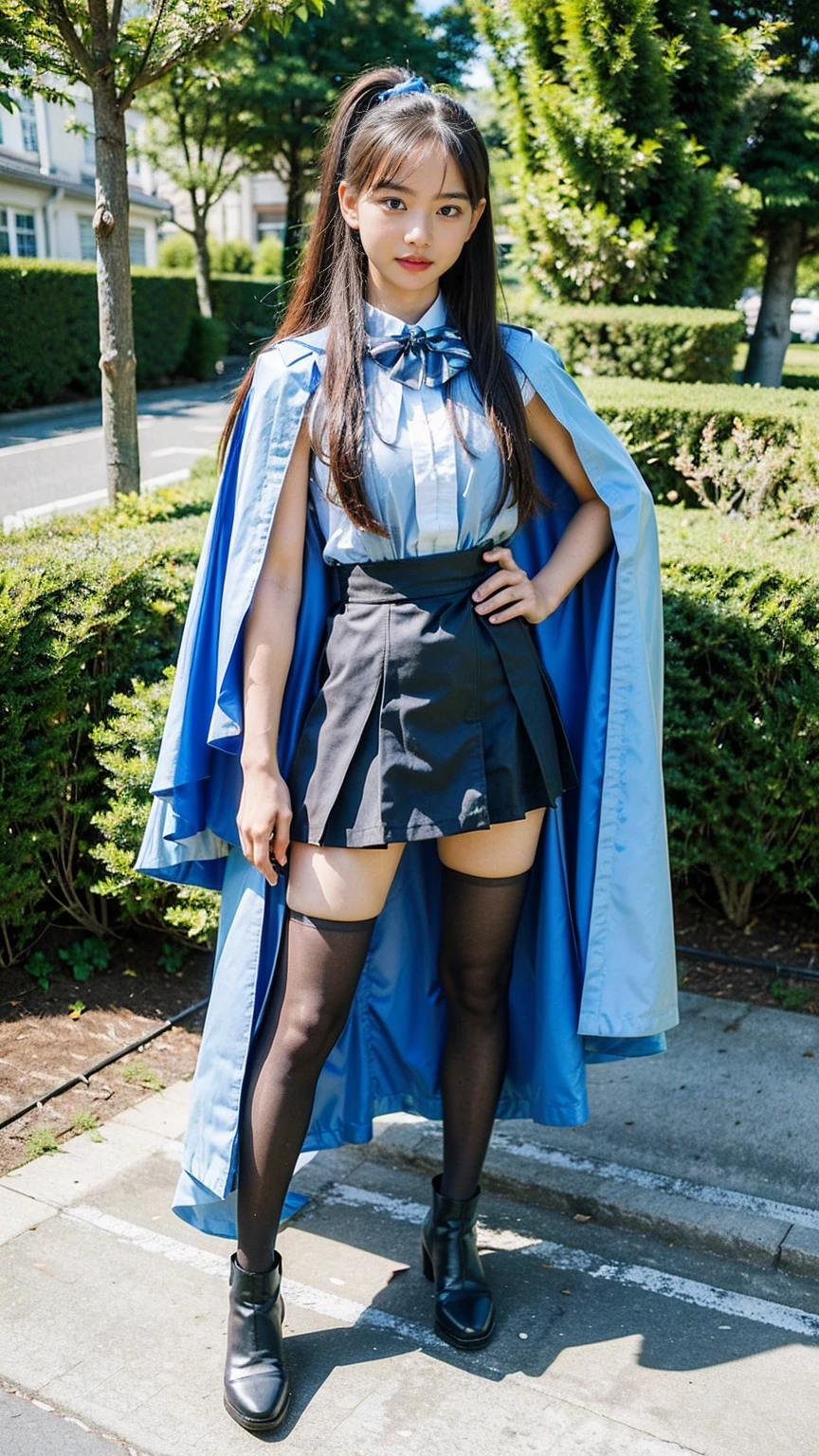 (8k、RAW Photos、Highest quality、masterpiece:1.2)、(Realistic、Realistic)、1 girl、((Black Check Mini Skirt、Light blue dress、Frills、Cape、Redhead、ponytail、Medium Hair、Pretty Cure Costume、See through、tights、ribbon、boots、Accentuate your breasts、whole body、garden、View from the front、Looking into the camera、Stand with hands on hips))、