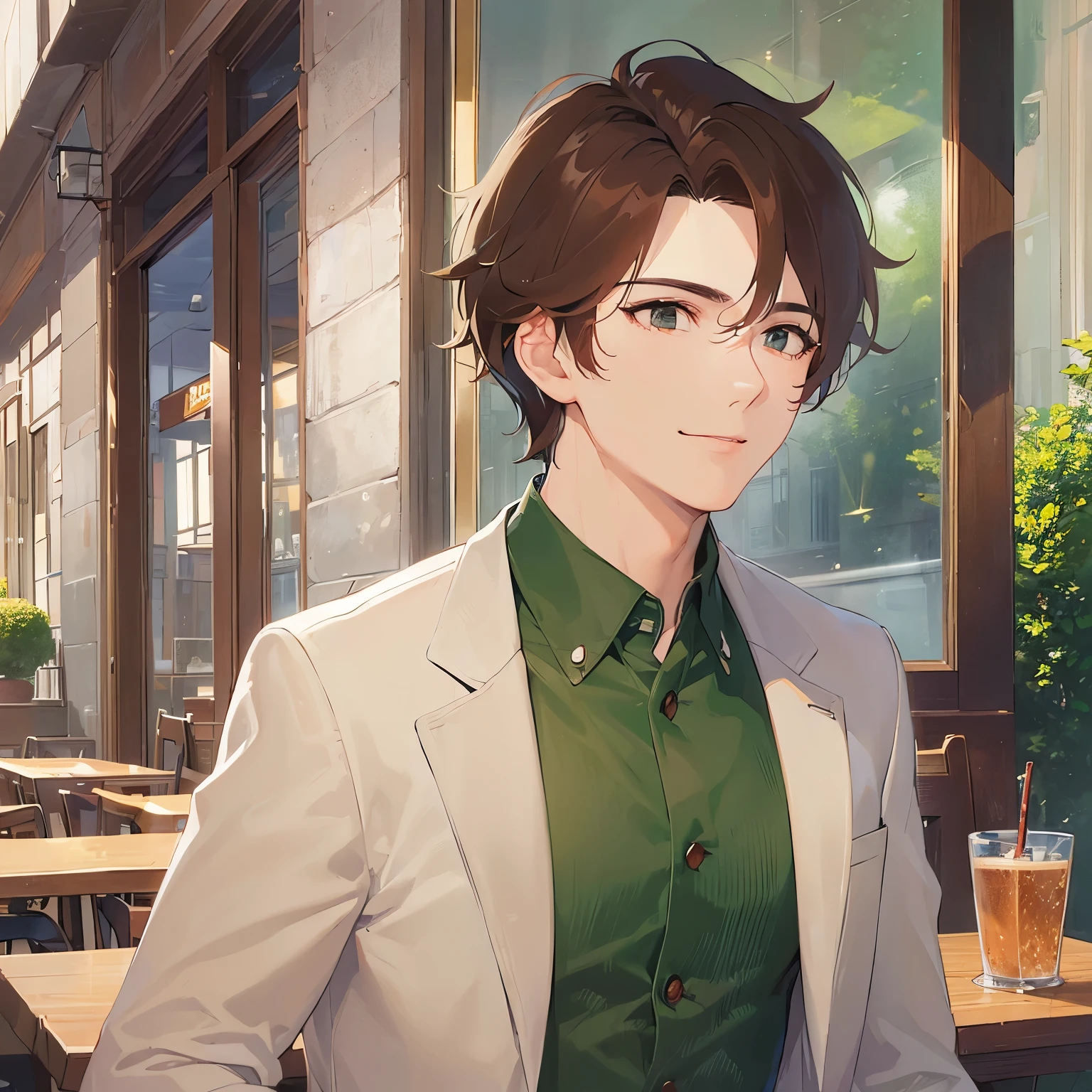 (looking away:1.5),upper body,
masterpiece、Highest quality、
BREAK (25-year-old male:1.5) and (Mahogany brown short hair) and (Green Eyes)
BREAK,White collared shirt、Jacket、
、(smile:1.3),happy,The background is inside the restaurant