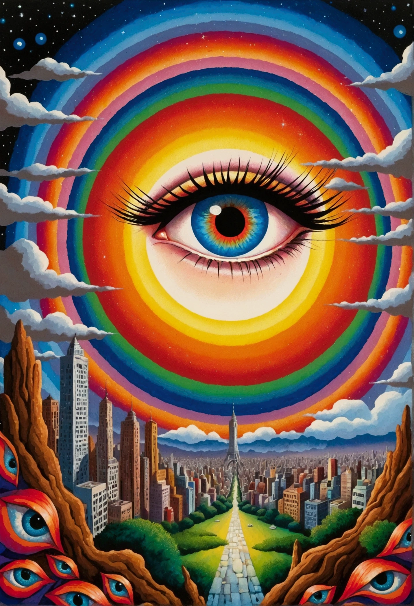 A man is seen looking into a colorful eye,The background is a city, Psychedelic illustration, Fantasy painting, Psychedelic painting, Psychedelic surreal art, Psychedelic aesthetic, Eyes widen in amazement, Psychedelic art, Look into my eyes, Eye of the Universe, Psychedelic artwork, Visionary Art Style, Psychedelic, author:Okuda Motoso, All-Seeing Eye