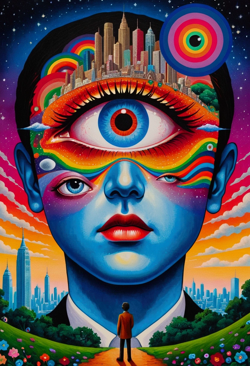 A man is seen looking into a colorful eye，The background is a city, Okuda Gensho&#39;s Surrealism, Unsplash, Psychedelic art, Psychedelic illustration, Fantasy painting, Psychedelic painting, Psychedelic surreal art, Psychedelic aesthetic, Eyes widen in amazement, Look into my eyes, Eye of the Universe, Psychedelic artwork, Visionary Art Style, Psychedelic