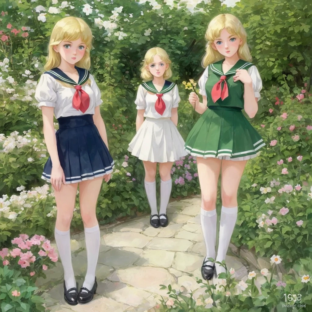 3 girls, long hair, Chest, Blushing, blond, Green eyes sailor suit short skirt 1933 style cute and beautiful girl 16 years old in the garden 