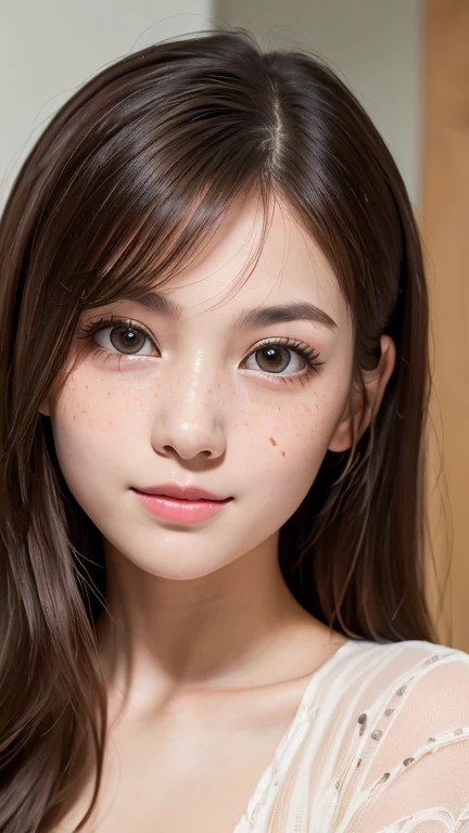 One Girl,(1人のとてもcute女の子:1.3),masterpiece,Highest quality,High resolution,beautiful girl,(21 years old:1.3),cute,Big eyes,(Detailed pupil:1.2),(The face is facing straight ahead:1.3),Body facing forward,Beautiful Nose,Fuller lips,Brown Hair,Medium Hair,Fine eyelashes,Thin eyebrows,Definition of very fine particles,(Symmetrical eyes:1.3),(Face close-up,Face Focus:1.0),White camisole,Student Style,Portraiture,Show Viewer,Cinema Lighting,High resolution,Very detailed、Headband、Open your mouth a little、Selfie、Put your hand on your chin、blush,smile:1.1、freckles、Round Glasses