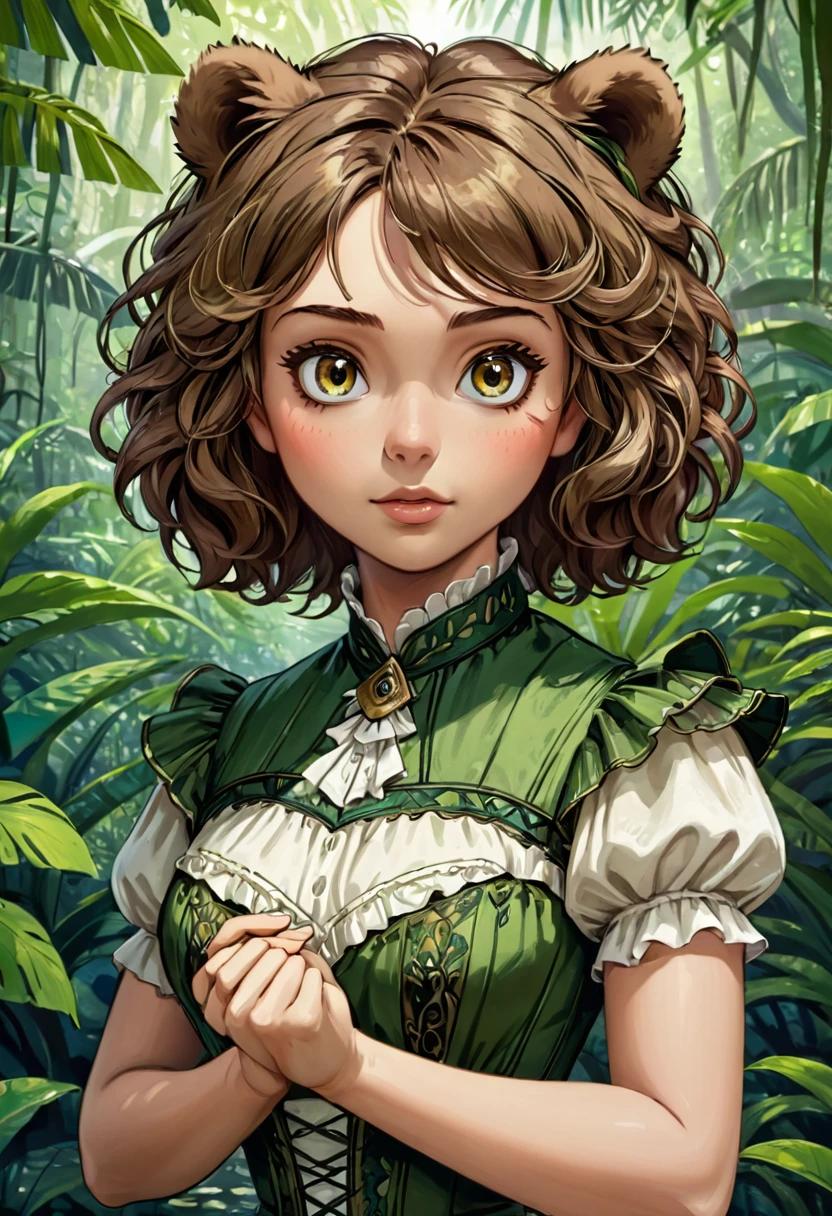 female bear mid transformation, solo, masterpiece, best art, victorian dress. detailed hands, detailed eyes, detailed torso, jungle, expression, transformation, human face, brown shaggy hair.