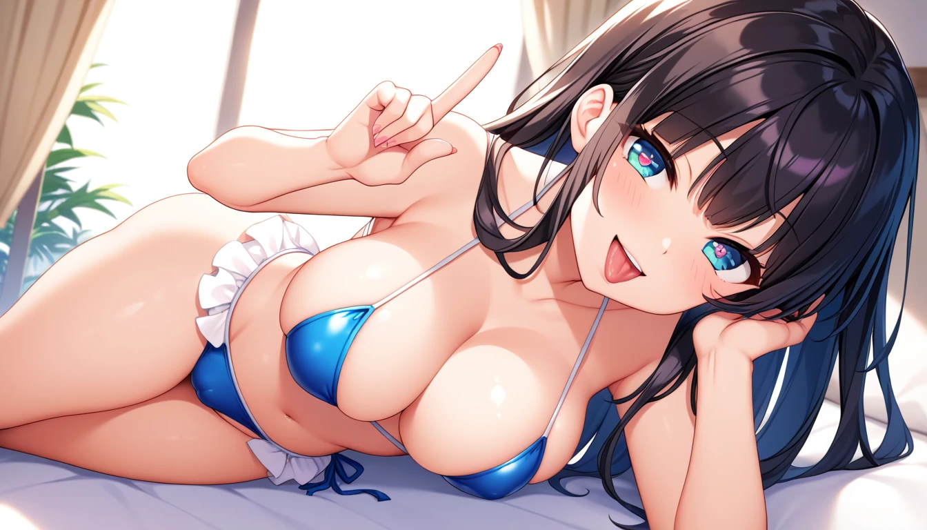 1girl, Slight crotch bulge, tiny girl, young girl, short girl, mesugaki, mesugaki smile, tidy, long hair, Black hair, bikini, long frilled SKIRT, big breasts, big ass, thick thighs, Teasing, naughty looks, heart eyes, Lower arm, A girl puts her hand on her crotch, tidy, Focus on the girl, glossy skin, oily skin, Gravure, pinup, image video, fellatio gesture, Fuck sign, fuck gesture, middle finger up, Masterpiece:2, Top Quality, high Quality, Very Detailed, ultra High Resolution, super High Resolution, Beautiful Detail, Dynamic angles, perfect lighting, 8k, Animation Style, cartoon style, game cg,