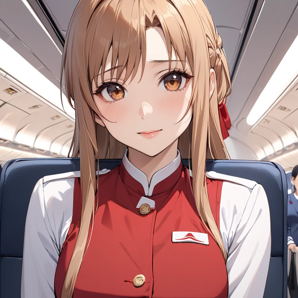 ((Highest quality)), ((masterpiece)), (detailed), (Perfect Face)、The woman is an Air China flight attendant, Yuuki Asuna, a Chinese woman with light brown, medium-long hair.、The woman is wearing the red Air China cabin attendant uniform.