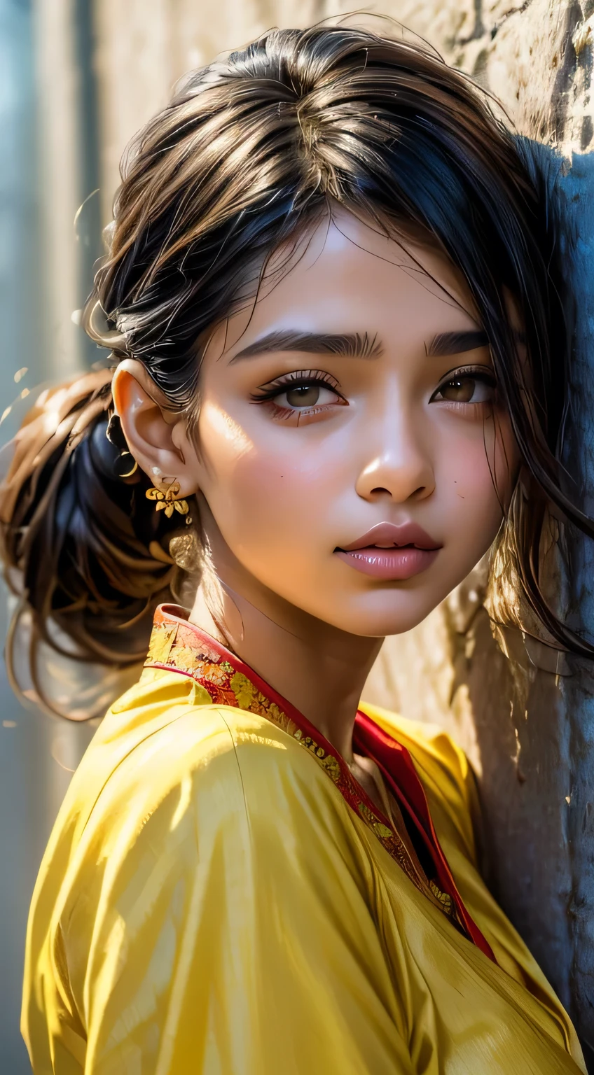 Amazing portrait of a sexy woman with her hair tied back in a low ponytail as she gazes at us seductively with her perfect lips parted for a kiss as she's pinned against the wall wearing a yellow kurta with floral embroidery