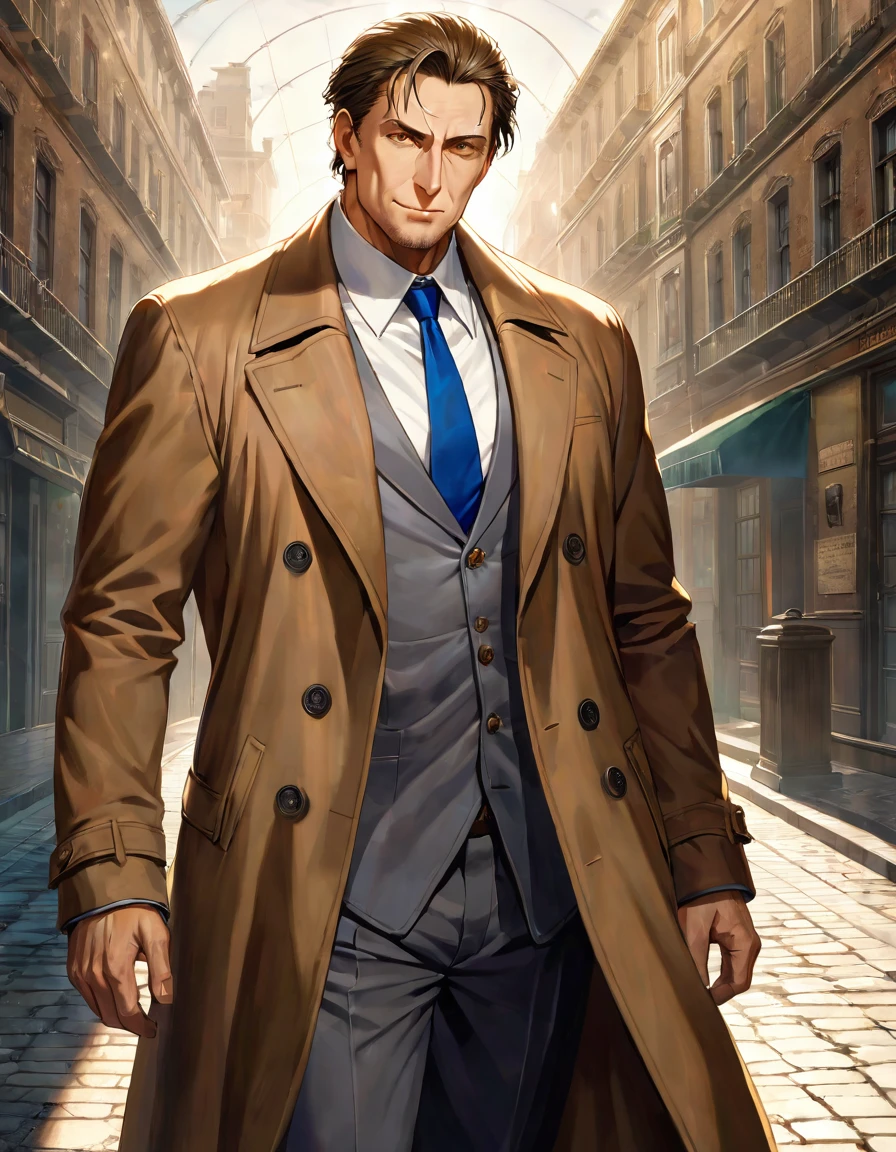1man, veteran mature detective, muscular, boned nose, wavy slicked back spiked hair, yellow_brown hair, BREAK shihaku, brown eyes, dandy, virile, stubble, square shaped, large eyes, ugly, rough skin, facial wrinkles, BREAK ideal ratio body proportions, ordinaly, cute uncle, beautiful detailed eyes, broad waist, 40yo dude, languid, BREAK solo, upper legs, white collared shirt, blue necktie, brown trench coat, dark worn-out suit, cute smile, standing, in detective agency, detailed background, BREAK dandy posing, dramatic expression, oil colored, in capcom art style, in old eroge style, 2000s, cinematic key visual, cinematic shadows, cinematic lighting, lens flare, light leaks, masterpiece, best quality