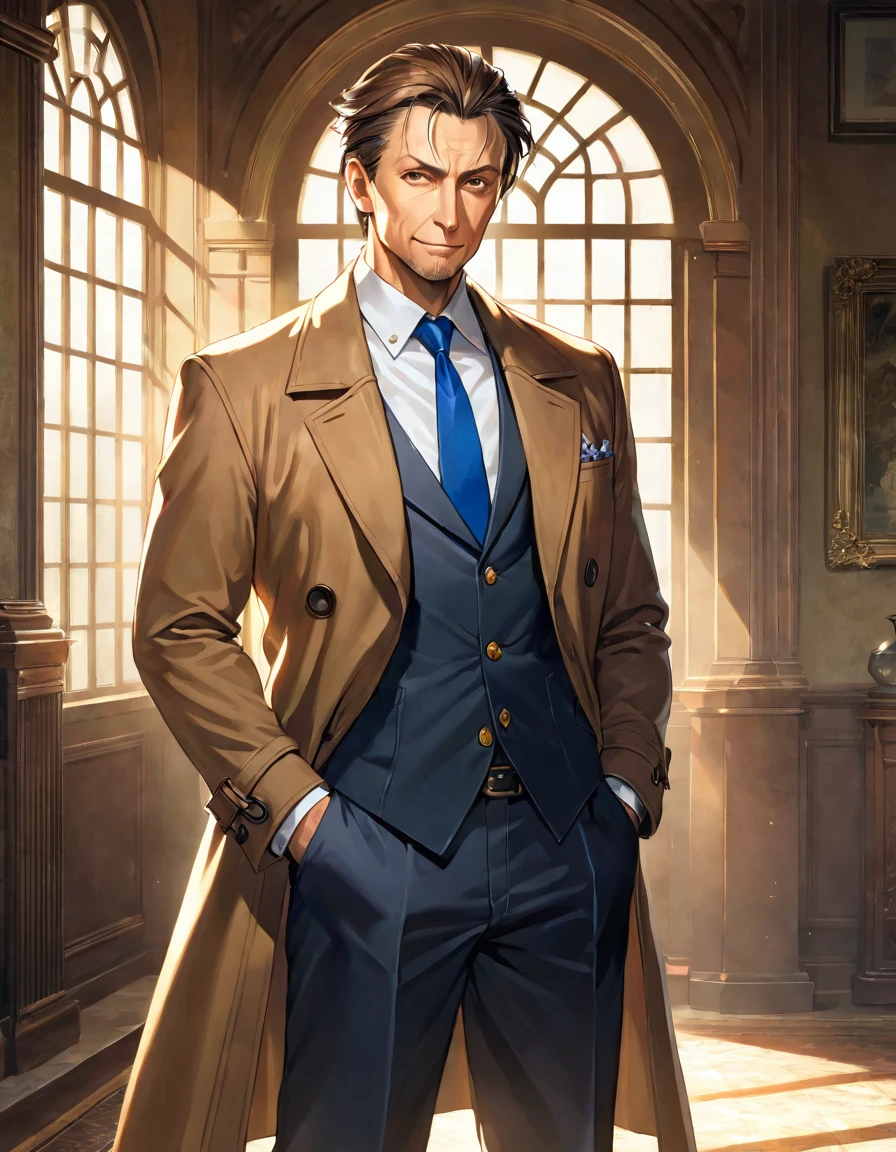 1man, veteran mature detective, muscular, boned nose, wavy slicked back spiked hair, yellow_brown hair, BREAK shihaku, brown eyes, dandy, virile, stubble, square shaped, large eyes, ugly, rough skin, facial wrinkles, BREAK ideal ratio body proportions, ordinaly, cute uncle, beautiful detailed eyes, broad waist, 40yo dude, languid, BREAK solo, upper legs, white collared shirt, blue necktie, brown trench coat, dark worn-out suit, cute smile, standing, in detective agency, detailed background, BREAK dandy posing, dramatic expression, oil colored, in capcom art style, in old eroge style, 2000s, cinematic key visual, cinematic shadows, cinematic lighting, lens flare, light leaks, masterpiece, best quality