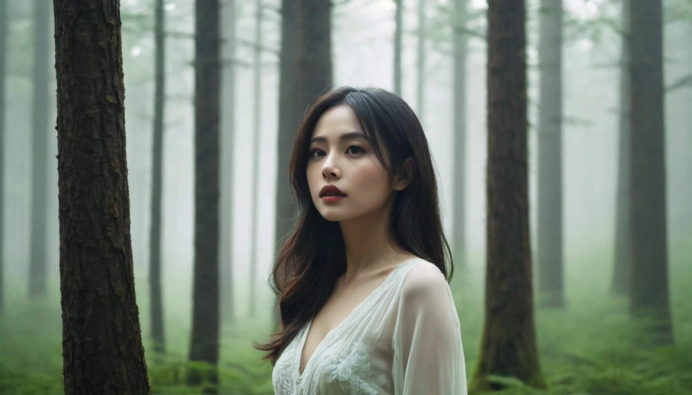 A beautiful woman with a forest and a beloved aura