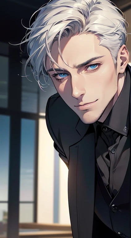 (best quality,4k,8k,highres,masterpiece:1.2),ultra-detailed,(realistic,photorealistic,photo-realistic:1.37),1 man,31 years old,mature man,very handsome,without expression,smile,short white hair,blue eyes,penetrating gaze,perfect face without errors,imposing posture,businessman,office background,cinematic lighting,hdr image