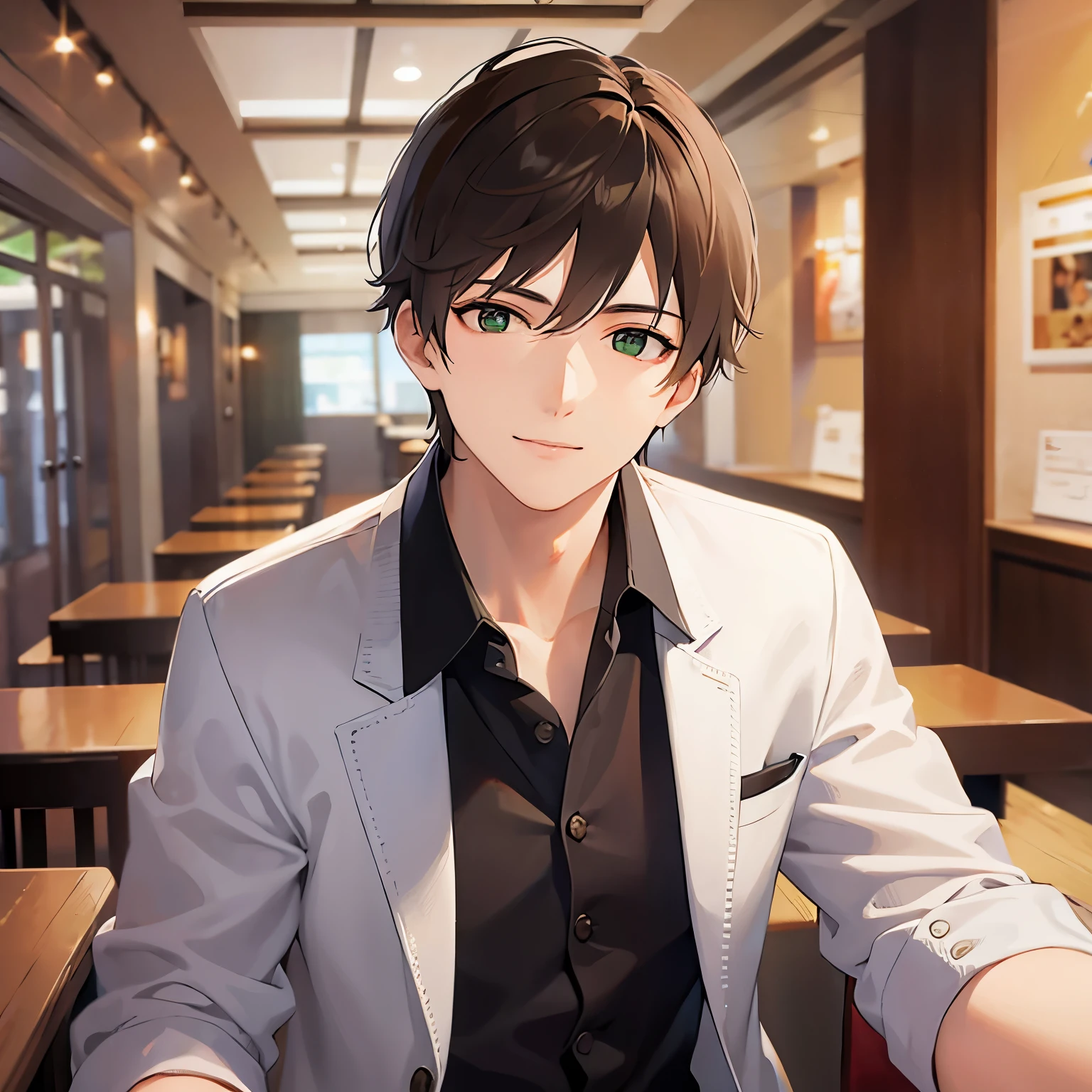 (looking away:1.5),upper body,
masterpiece、Highest quality、
BREAK (25-year-old male:1.5) and (Mahogany brown short hair) and (Green Eyes)
 BREAK,White collared shirt、Jacket、
（smile：1.5）,happy,The background is inside the restaurant