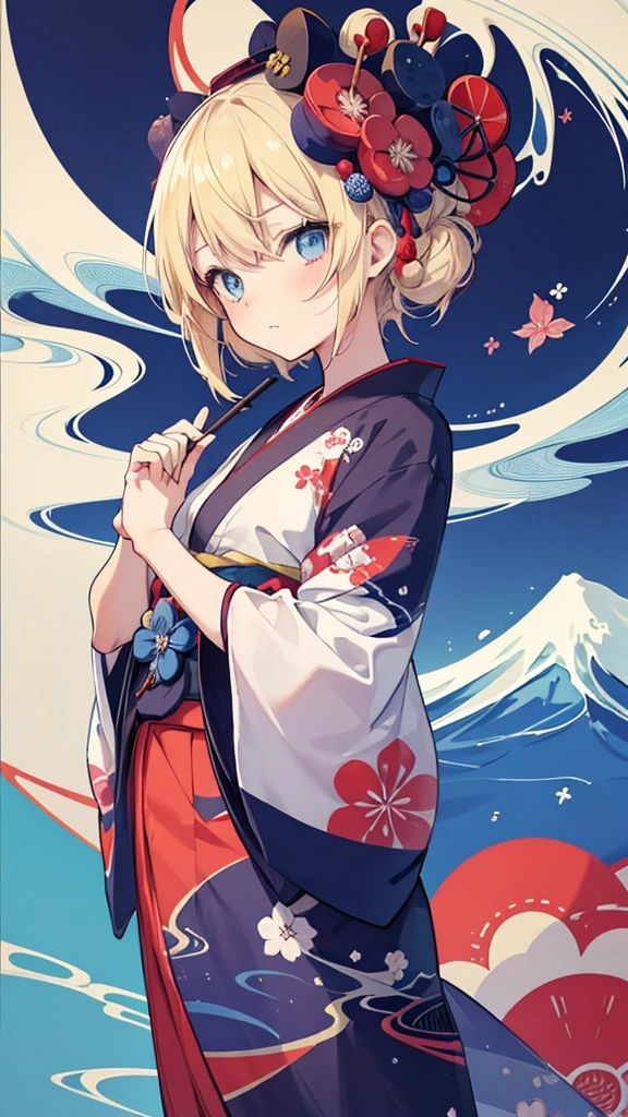 T-Shirt Design im japanischen Stil, Hokusai Welle, Hokusai Stil, mit modernen Anime Elementen, blonde Haare, blaue Augen, pastellfarben
