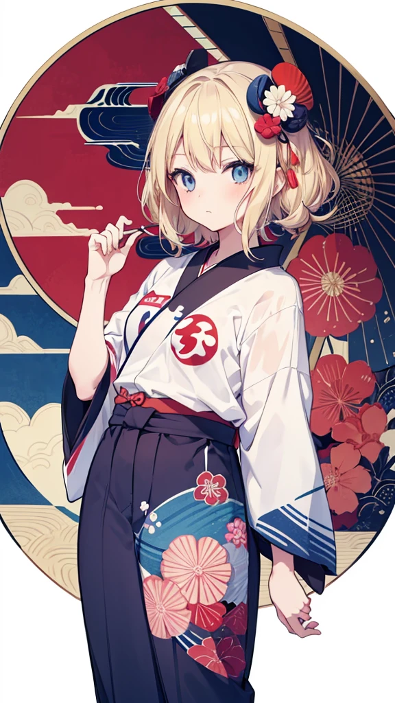Japan T-shirt Design, Weller Hokusai, Hokusai style, Incorporating modern animation elements, Blonde, blue eyes, softfarben, 1 girl, Lovely, cute, sweet, soft,
