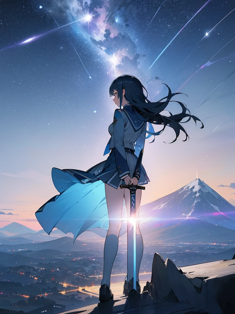 1 girl,Back view,Light gray uniform,skirt,Light blue sword,Mountain,city below,Night Sky,Moon on the top right,Shooting star in the center,A little far from the camera