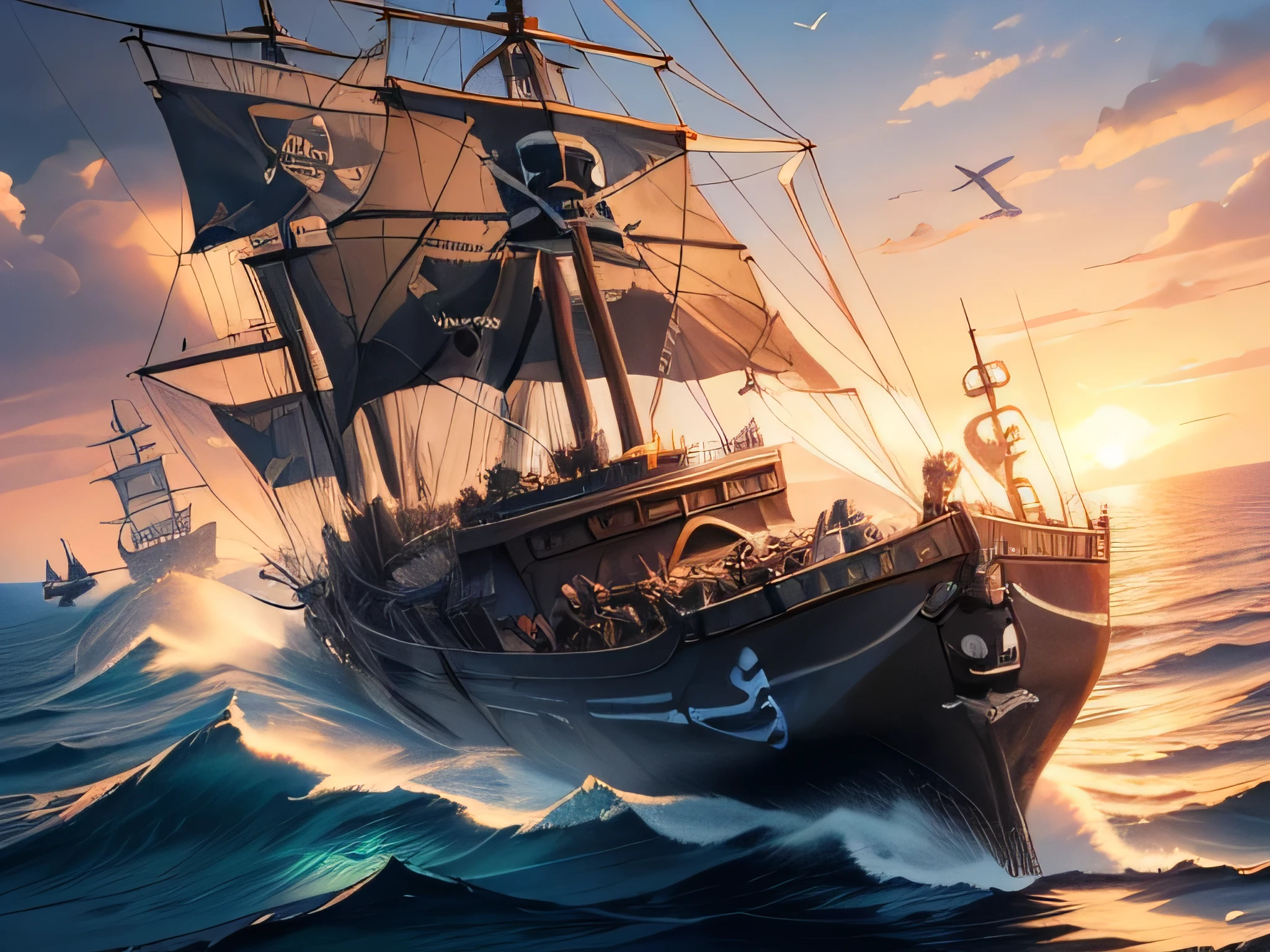 ((masterpiece,highest quality,8k)), Perfect hands,Perfect legs,hiding face hair,(perfect detailed eyes), View your viewers, (Pirate War/Pirate Wars/Pirate War:1.5),rocket jet ship jumping,local ocean,pirate bandana,cyber pirate suit,wind effect,evening,sunset sky,(touring:1.3),hero,big octopus attack