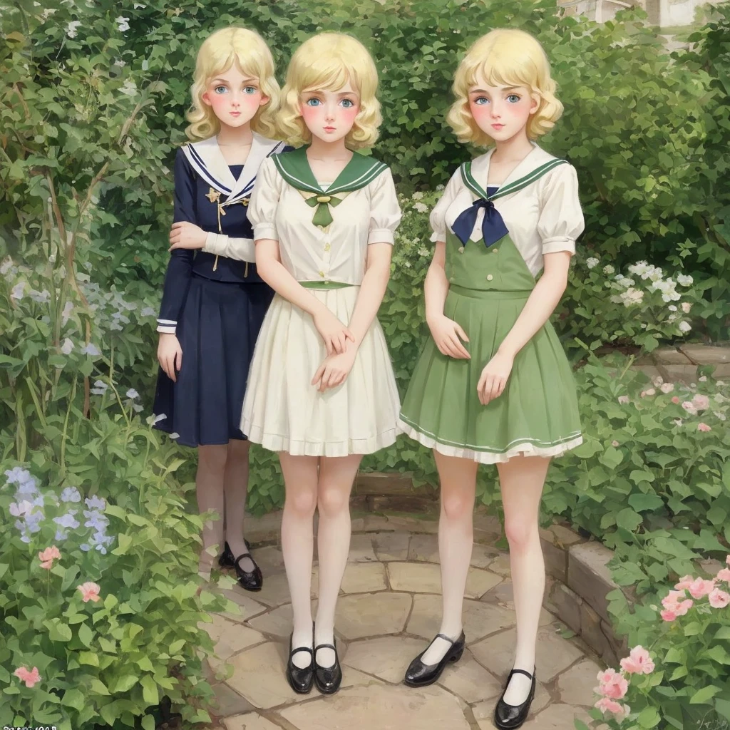 3 girls, long hair, Big , Blushing, blond, Green-eyed sailor suit short skirt 1933 style cute and beautiful girl 18 years old in the garden beautiful long legs high resolution, best quality, masterpiece, Lift skirt