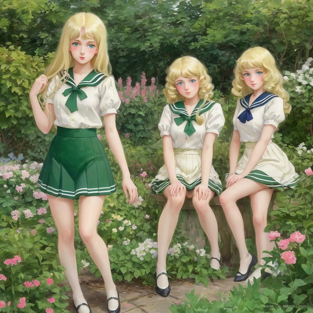 3 girls, long hair, Big , Blushing, blond, Green-eyed sailor suit short skirt 1933 style cute and beautiful girl 18 years old in the garden 