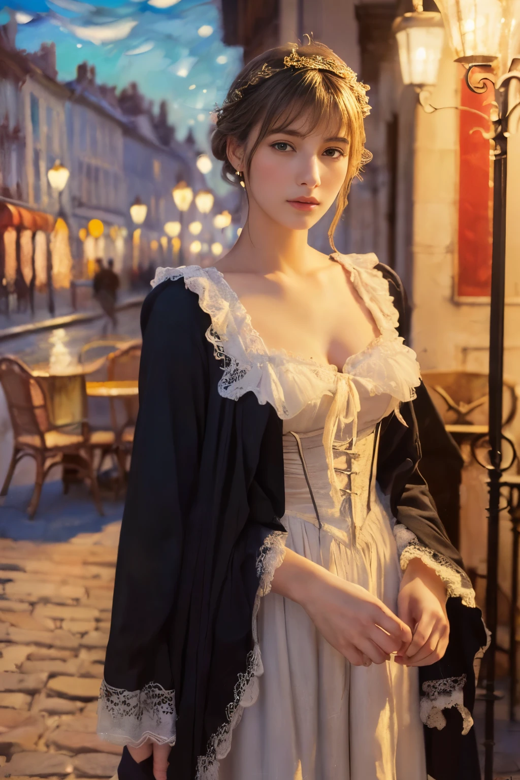 ((masterpiece:1.4, Highest quality)), (Realistic photos:1.4), (Artwork),
((1 girl)), (Otherworldly beauty), (dream-like), ((1 girl, Realistic photos)),
(超High resolution:1.2), Very delicate and beautiful, wonderful, Very detailed CG Unity 8k wall paper, Very detailed, High resolution,
Soft Light, Beautiful detailed girl, Very detailed eyes and face, Beautiful and detailed nose, Beautiful and detailed,
(Dressed in late 19th century French costume:1.3), (In front of the cafe at night:1.3),
Cinema Lighting, Perfect Anatomy, Slender body, (Parted bangs),
(The world of impressionist painting:1.5), (Impressionist light and colour),
Cowboy Shot