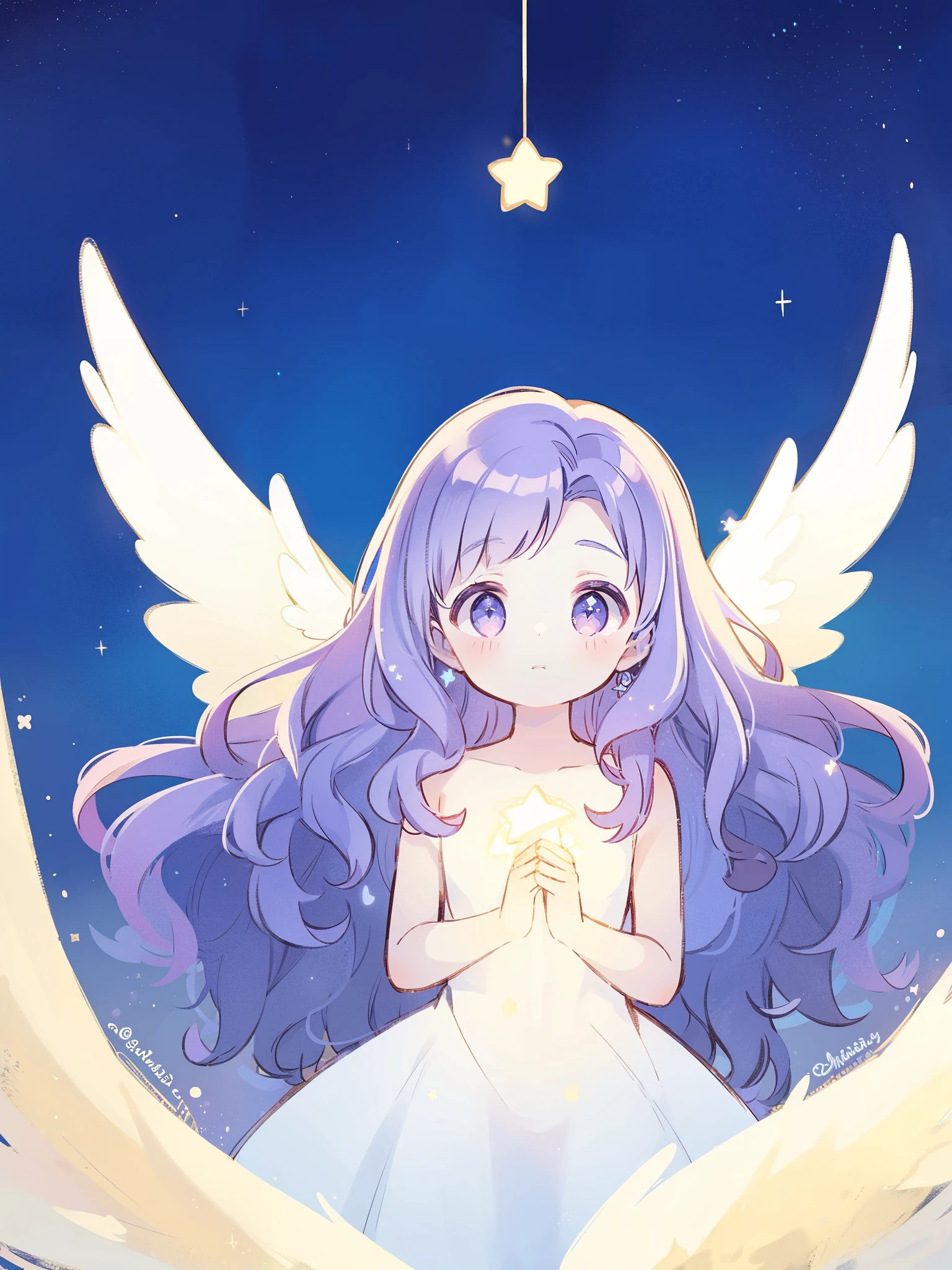 nude angel girl wearing an ethereal translucent dress, pale skin, ((wavy gradient blue purple hair)), white feathers, angel wings, sparkling detailed eyes, golden ratio face, perfect composition, highly detailed, ethereal, (starry night sky background), midjourney style