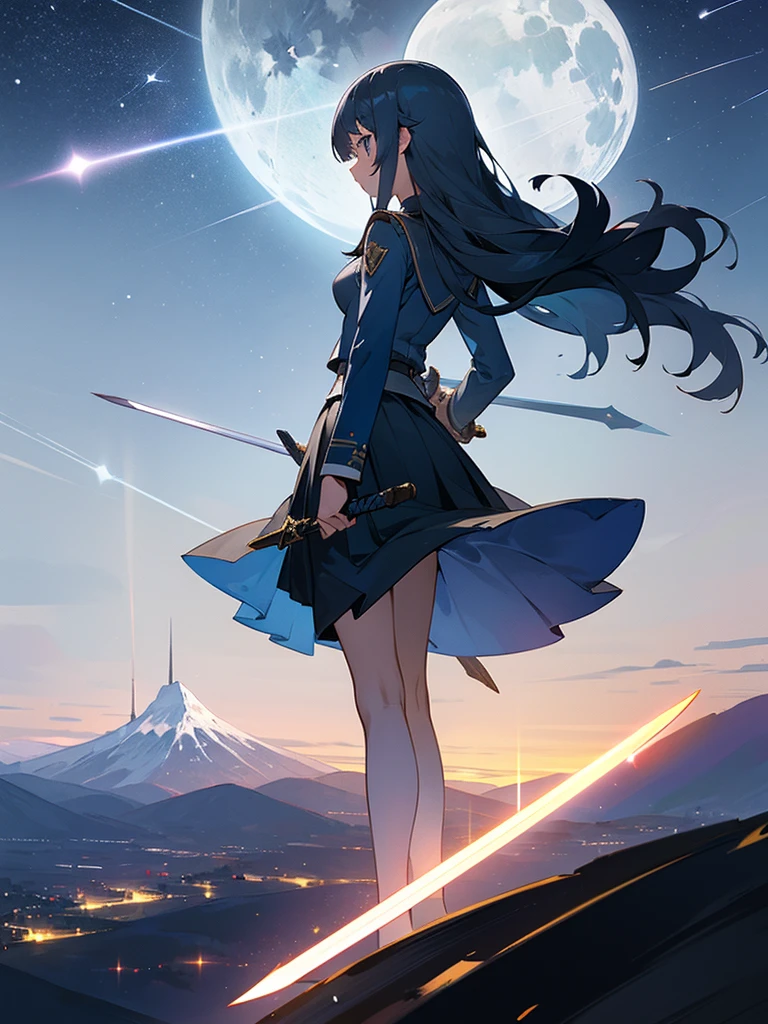 1 girl,Back view,Light gray uniform,skirt,Light blue sword,Mountain,city below,Night Sky,Moon on the top right,Shooting star in the center,A little far from the camera