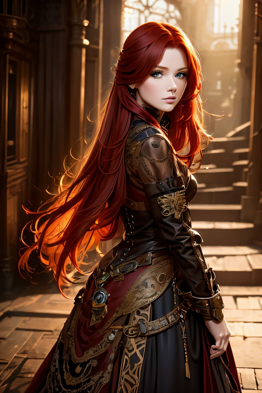 A beautiful redhead female country artist wearing a steampunk-inspired layered gown. She has clean makeup and is captured in vivid colors, embodying the essence of fantasy and a minimalist, fantastical, edgy, and regal themed outfit, with depth of field.