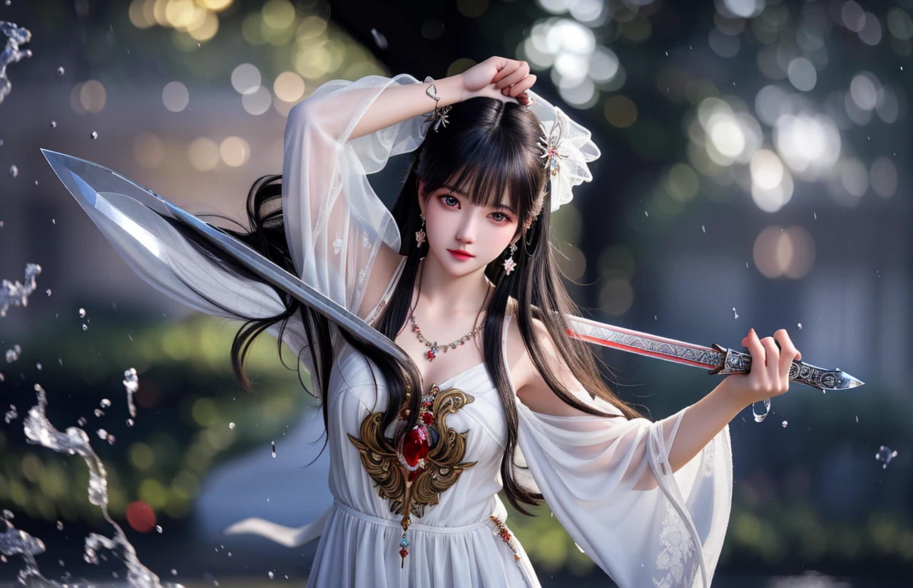 best quality,masterpiece,highres,cg,
1girl,weapon,sword,long hair,dress,water,solo,jewelry,white dress,earrings,hair ornament,splashing,upper body,hair bun,black hair,
lighting,candid,Photograph,high resolution,4k,8k,Bokeh,