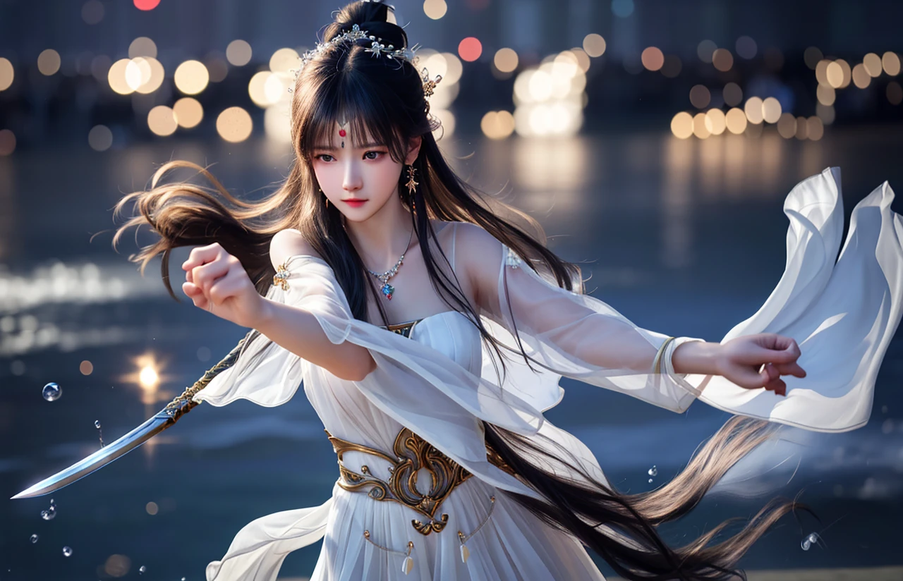 best quality,masterpiece,highres,cg,
1girl,weapon,sword,long hair,dress,water,solo,jewelry,white dress,earrings,hair ornament,splashing,upper body,hair bun,black hair,
lighting,candid,Photograph,high resolution,4k,8k,Bokeh,