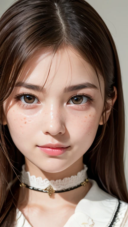 One Girl,(1人のとてもcute女の子:1.3),masterpiece,Highest quality,High resolution,beautiful girl,(21 years old:1.3),cute,Big eyes,(Detailed pupil:1.2),(The face is facing straight ahead:1.3),Body facing forward,Beautiful Nose,Fuller lips,Brown Hair,Medium Hair,Fine eyelashes,Thin eyebrows,Definition of very fine particles,(Symmetrical eyes:1.3),(Face close-up,Face Focus:1.0),White camisole,Student Style,Portraiture,Show Viewer,Cinema Lighting,High resolution,Very detailed、Headband、Open your mouth a little、Selfie、Put your hand on your chin、blush,smile:1.1、freckles、Round Glasses、choker