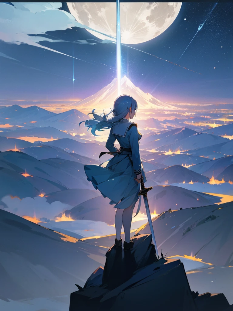 1 girl,Back view,Light gray uniform,skirt,Light blue sword,Mountain,city below,Night Sky,Moon on the top right,Shooting star in the center,A little far from the camera