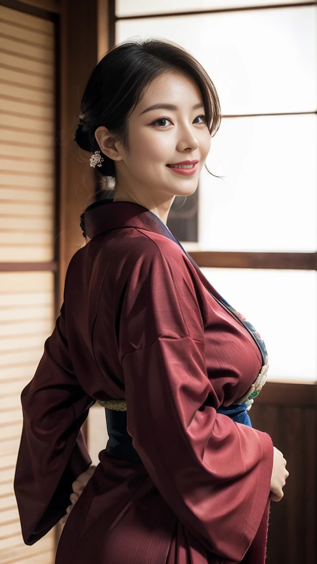 Mature attractive sexy woman,50 years old, ((kimono)),((vermilion))、(((kimono))),Shut,((Big Breasts:1.1)),(Facial wrinkles:1.3),light makeup,Light brown hair,Long Hair,(Full body photo:0.85),(Emphasize big buttocks),8k, RAW Photos, Highest quality, Laughter,masterpiece,Highest quality、A kind smile、A captivating gaze、Random Hairstyles、Japanese-style room、Shoji Screen、lanthanum、