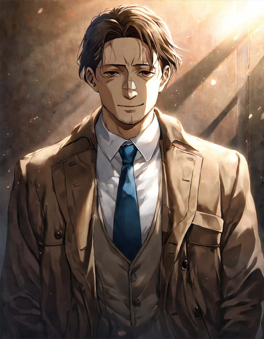 1man, veteran mature detective, muscular, boned nose, wavy slicked back spiked hair, yellow_brown hair, BREAK shihaku, brown eyes, dandy, virile, stubble, square shaped, large eyes, ugly, rough skin, facial wrinkles, BREAK ideal ratio body proportions, ordinaly, cute uncle, beautiful detailed eyes, broad waist, 40yo dude, languid, BREAK solo, upper legs, white collared shirt, blue necktie, brown trench coat, dark worn-out suit, cute smile, standing, in detective agency, detailed background, BREAK dandy posing, dramatic expression, oil colored, in capcom art style, in old eroge style, 2000s, cinematic key visual, cinematic shadows, cinematic lighting, lens flare, light leaks, masterpiece, best quality, BREAK score_9, score_8_up, score_7_up, source_anime, rating_safe, score_6_up, score_5_up, score_4_up