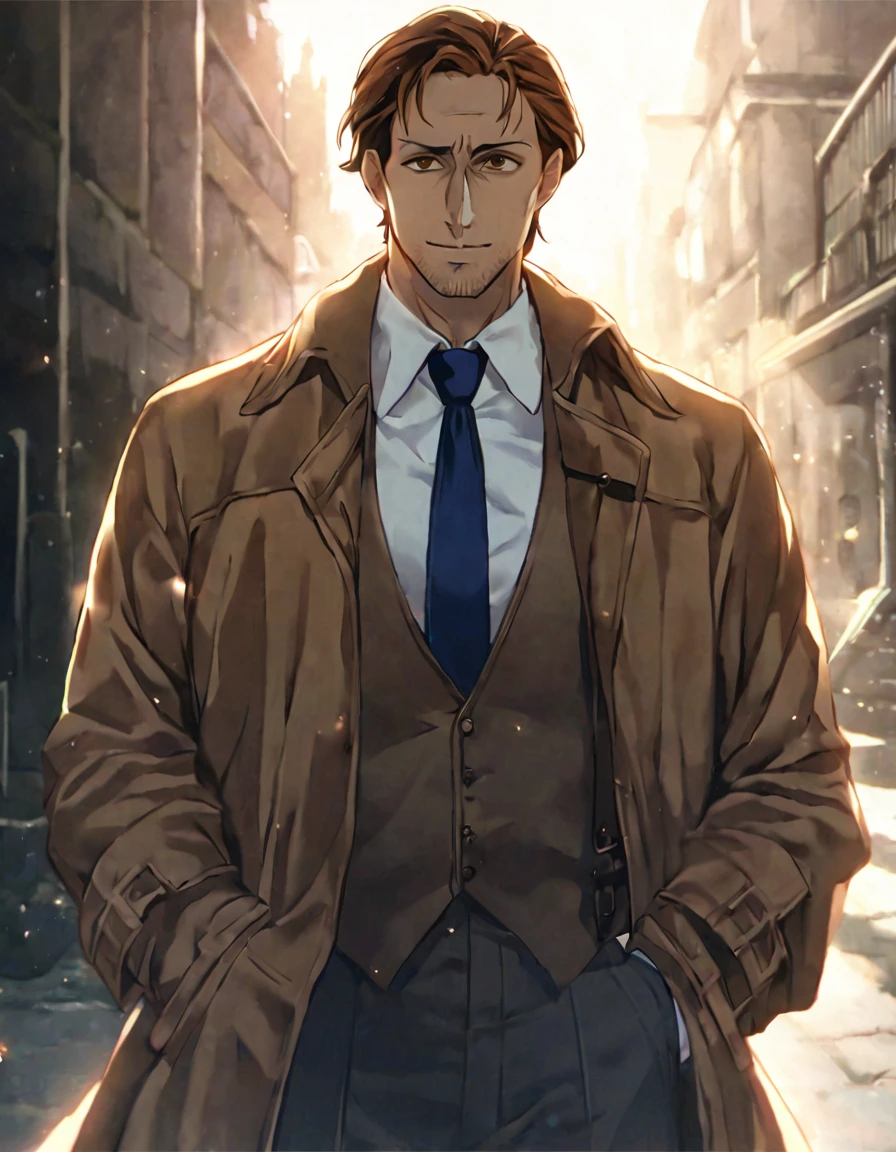 1man, veteran mature detective, muscular, boned nose, wavy slicked back spiked hair, yellow_brown hair, BREAK shihaku, brown eyes, dandy, virile, stubble, square shaped, large eyes, ugly, rough skin, facial wrinkles, BREAK ideal ratio body proportions, ordinaly, cute uncle, beautiful detailed eyes, broad waist, 40yo dude, languid, BREAK solo, upper legs, white collared shirt, blue necktie, brown trench coat, dark worn-out suit, cute smile, standing, in detective agency, detailed background, BREAK dandy posing, dramatic expression, oil colored, in capcom art style, in old eroge style, 2000s, cinematic key visual, cinematic shadows, cinematic lighting, lens flare, light leaks, masterpiece, best quality, BREAK score_9, score_8_up, score_7_up, source_anime, rating_safe, score_6_up, score_5_up, score_4_up