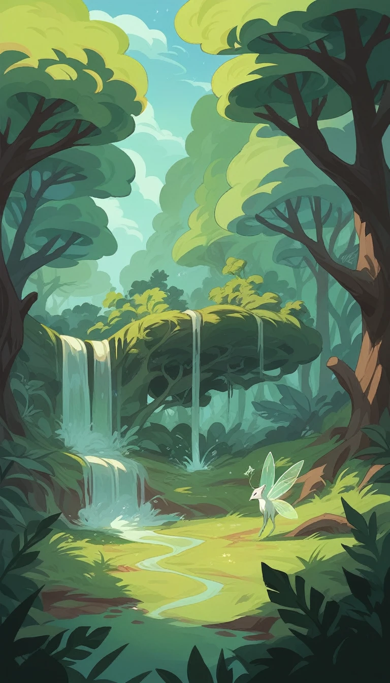 "Illustrate a black-and-white enchanted forest coloring page where trees have intricate, swirling patterns on their bark and leaves. Hidden within the foliage are mystical creatures like unicorns and fairies. The background should feature a cascading waterfall that morphs into a starry night sky, blending nature with magic."

