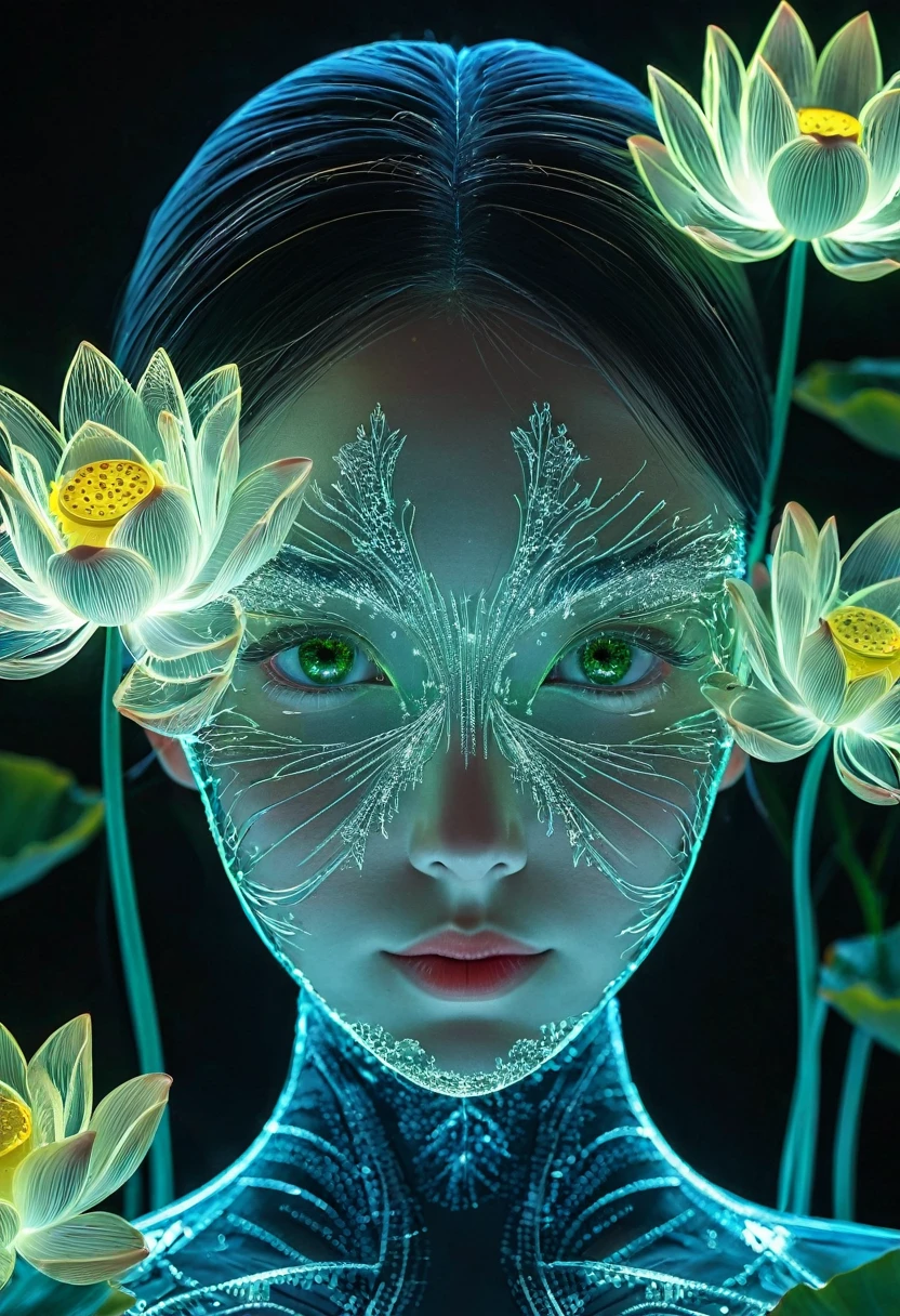 high resolution, Very detailed, (1 girl:1.3),(lotus)
BREAK sunshine, reverberation, Experimental photography, Surreal contrasts, Eye-Catching Visuals, Artistic abstraction,
Breaking the art of cutting, Layered Outlines, Complex Mode, exquisite craft, shadow play, Depth and size, Creative Expression,
break art, Frozen sculpture, translucent形式, short-lived beauty, Crystal structure, exquisite craft, Touch,
Breaking Green Eyes,Body Glow,Glowing Line,Fluorescence,Glow Example,Sample traces,flash,萤Light Particles,Backlight,translucent,Light Particles