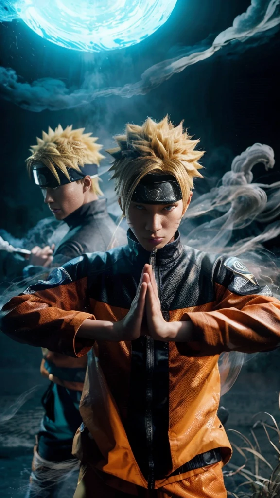 A realistic depiction of Naruto Uzumaki in action, showcasing his Shadow Clone Jutsu. Naruto, in his traditional ninja attire, stands confidently with his iconic orange jumpsuit and blue forehead protector. His hair is spiky and blonde, and his facial expression is determined. Two shadow clones of Naruto emerge from a thin veil of smoke, accurately capturing the anime’s dynamic energy. The scene should have a slightly blurred background to emphasize the movement and the subtle detail of the smoke dispersing around the clones. The realistic portrayal should include textured clothing, detailed facial features, and lifelike smoke effects, closely mirroring the animation style while maintaining a realistic appearance