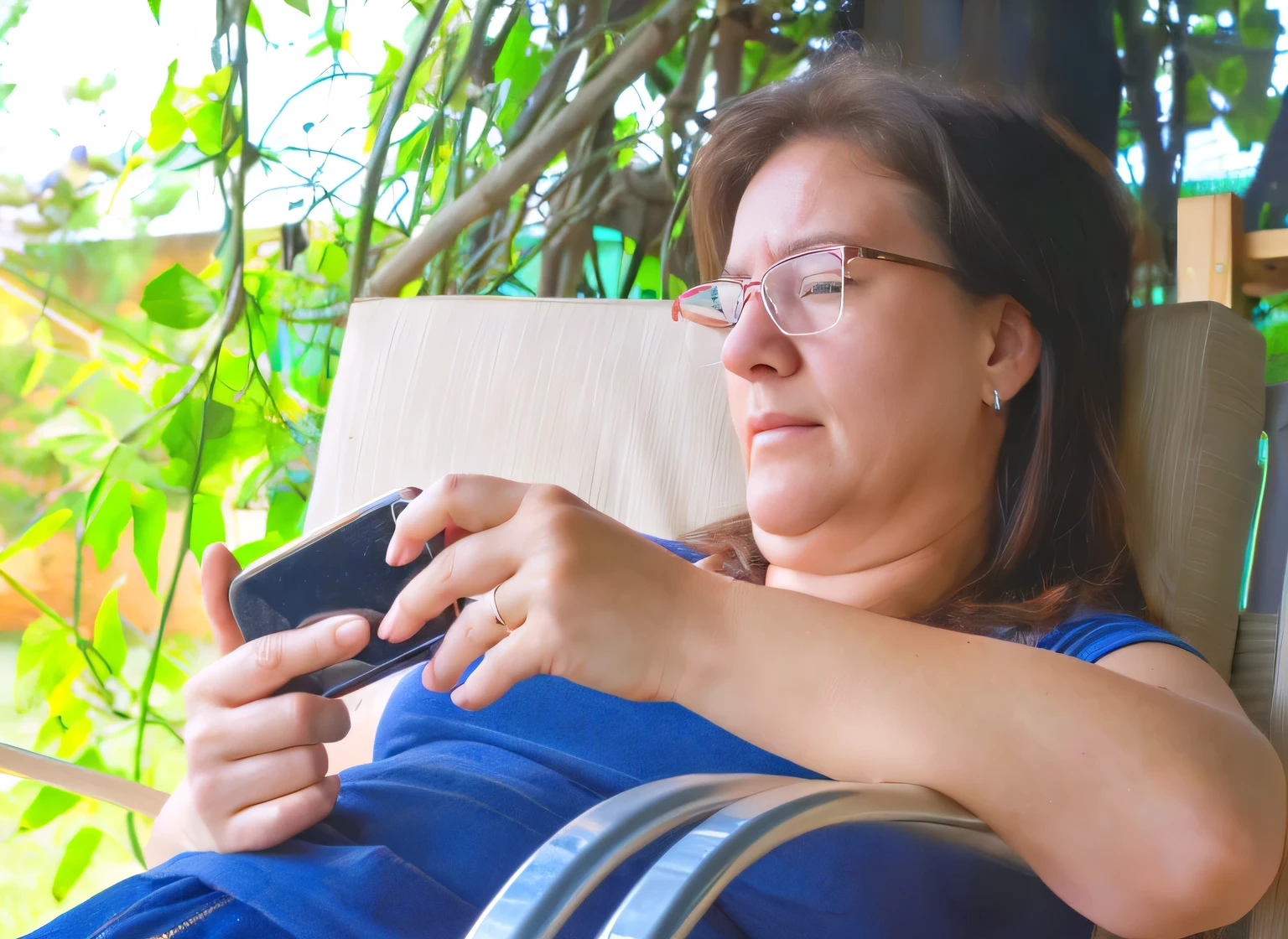 woman sitting in a chair with a cell phone in her hand, checking her cell phone, checking her phone, she is holding a smartphone, outside, portrait shot, photo from the back, shot from far away, 40 years woman, portrait image, photo portrait, woman, an ultra realistic, woman very tired, single image, woman is sitting, deep in thought