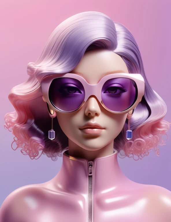 3D illustration of the whole body and face of an artificial intelligence model wearing futuristic glasses, Stylish sunglasses，Gradient Background, Pastel Color Palette, Purple-pink, Simplicity, Cold metal texture, Surrealism, Earrings, Perm