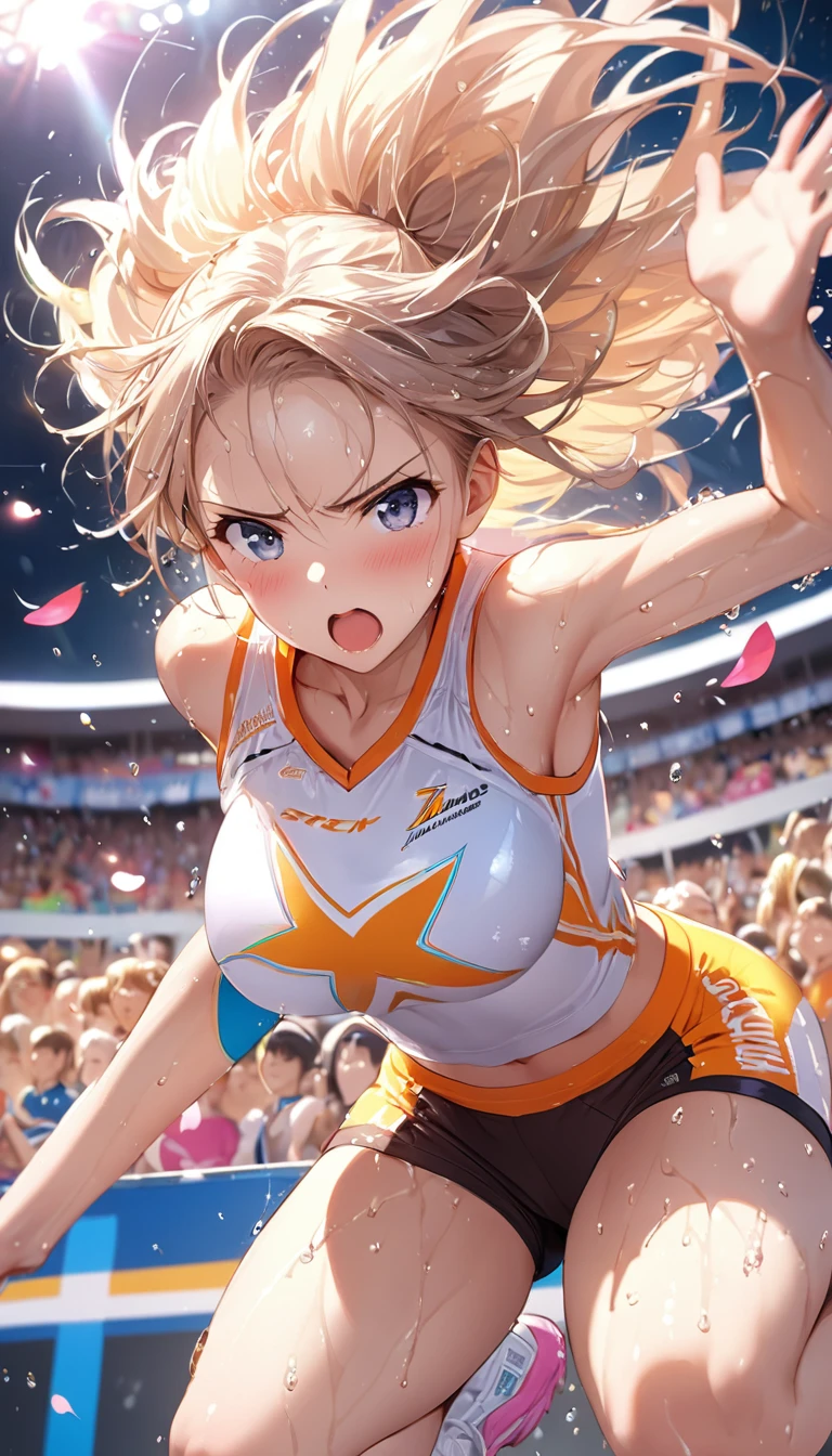 (Sports magazine cover photo), Highest quality, Great quality, 16K, Unbelievably absurd, Very detailed, delicate and dynamic, Natural light, The particles reflect light, Diffuse reflection of light, Many rainbow-colored petals fall, Beautiful truck studium, Sparkling Sun, Diffuse reflection of light, Create amazing image effects, , Wet, sweating, athletics, Long jump, Long jumper, Jumping high, Close-up(Cute sexy girl, big bouncing busts, Sensual expression, Cool girl, Serious, passion, Dynamic, Flashy Athletics Uniforms, ,audience , much-air-laden cheer)