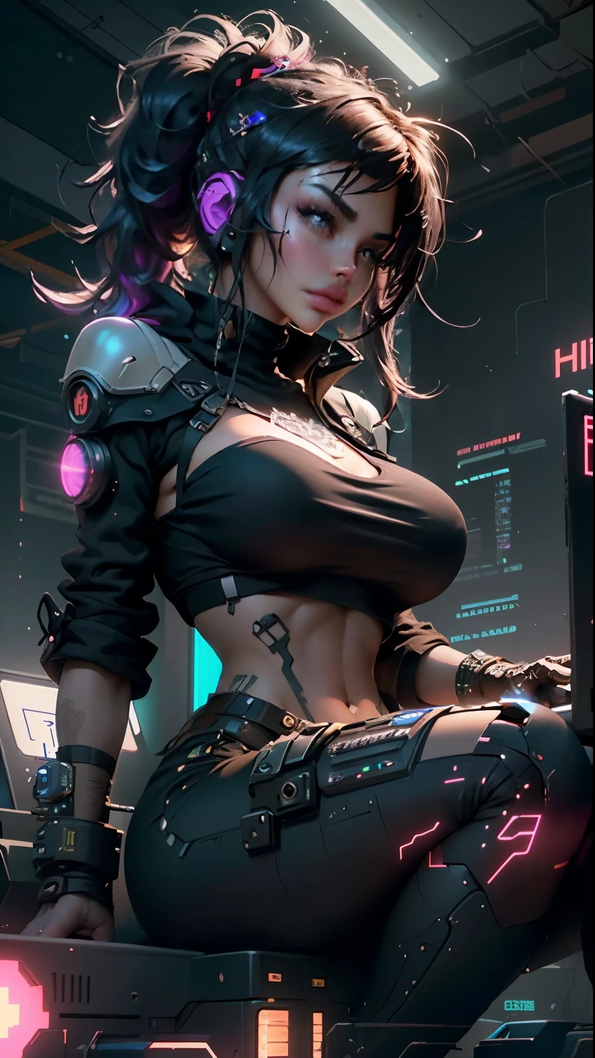 ((best quality)), ((Master part)), (Very detailed:1.3), ..3d, Nice (cyberpunk:1.3) Hackerin, thick hair, exposed breasts, Computer terminals in use, Computerserver, LCD screens, Fiber optic cable, corporate logos, HDR (High Dynamic Range), Raytracing, nvidia RTX, Super resolution, Unreal 5, Subsurface scattering, PBR textures, Post processing, anisotropic filtering, Field depth, maximum sharpness and sharpness, Multilayer textures, Albedo- und Specular-Mapping, Surface shading, Precise simulation of the interaction between light and matter, proporções perfeitas, octane rendering, duotone lighting, low ISO, White balance, Rule of thirds, wide opening, 8K BRUTTO, Highly efficient subpixels, subpixel convolution, Glow particles,