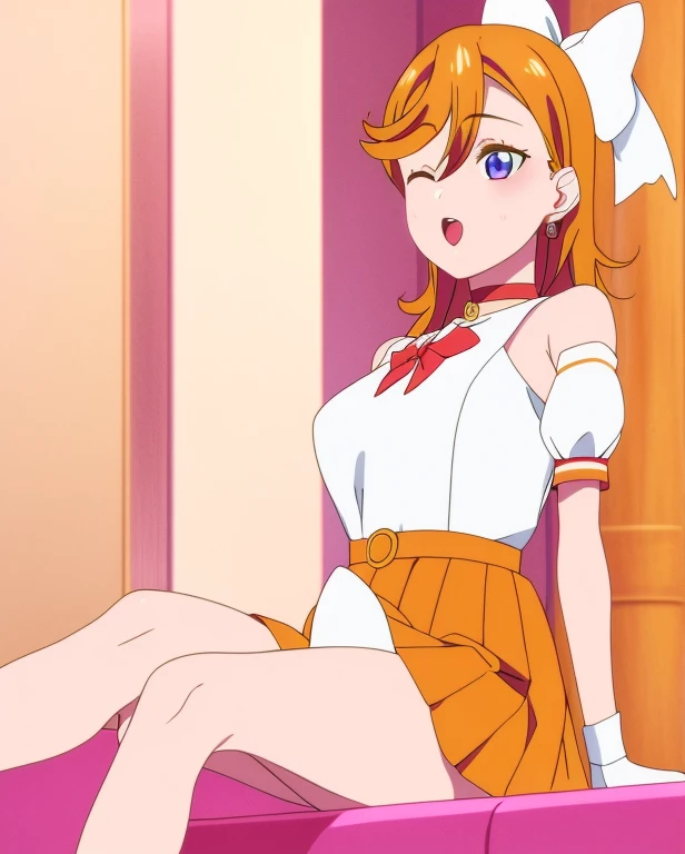 Masterpiece, best quality, hentai anime style, rin Hoshizora, orange hair, yellow eyes,on bed,sweating, curvy hip,silk night clothes , sexy pose ,small breasts , magical girl ,on back,legs up, holding her legs, presenting, presenting her ass