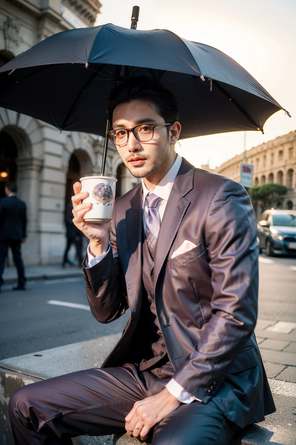 one example　
Man with glasses　oriental　Set　Beardless Purple Suit　　
comics　wide awake　Hand in pocket at the Colosseum,Sunset,Holding a colorful mug in one hand,Sitting at a cafe with parasol on the street, 
