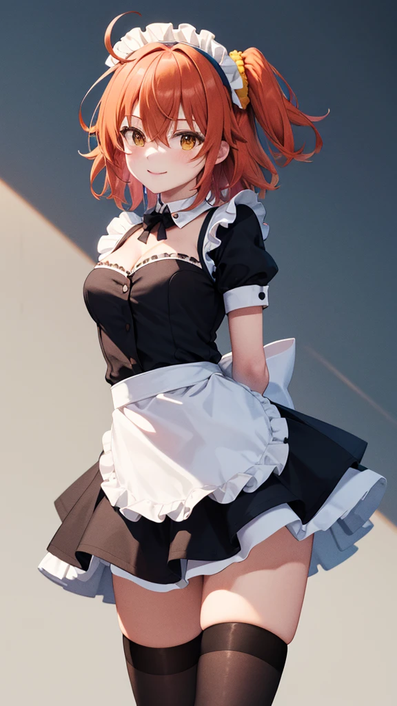 masterpiece, best quality, highres, aaritsuka, short hair, ahoge, hair scrunchie, orange scrunchie, maid, maid headdress, black dress, arms behind back, smile, thigh highs, cleavage