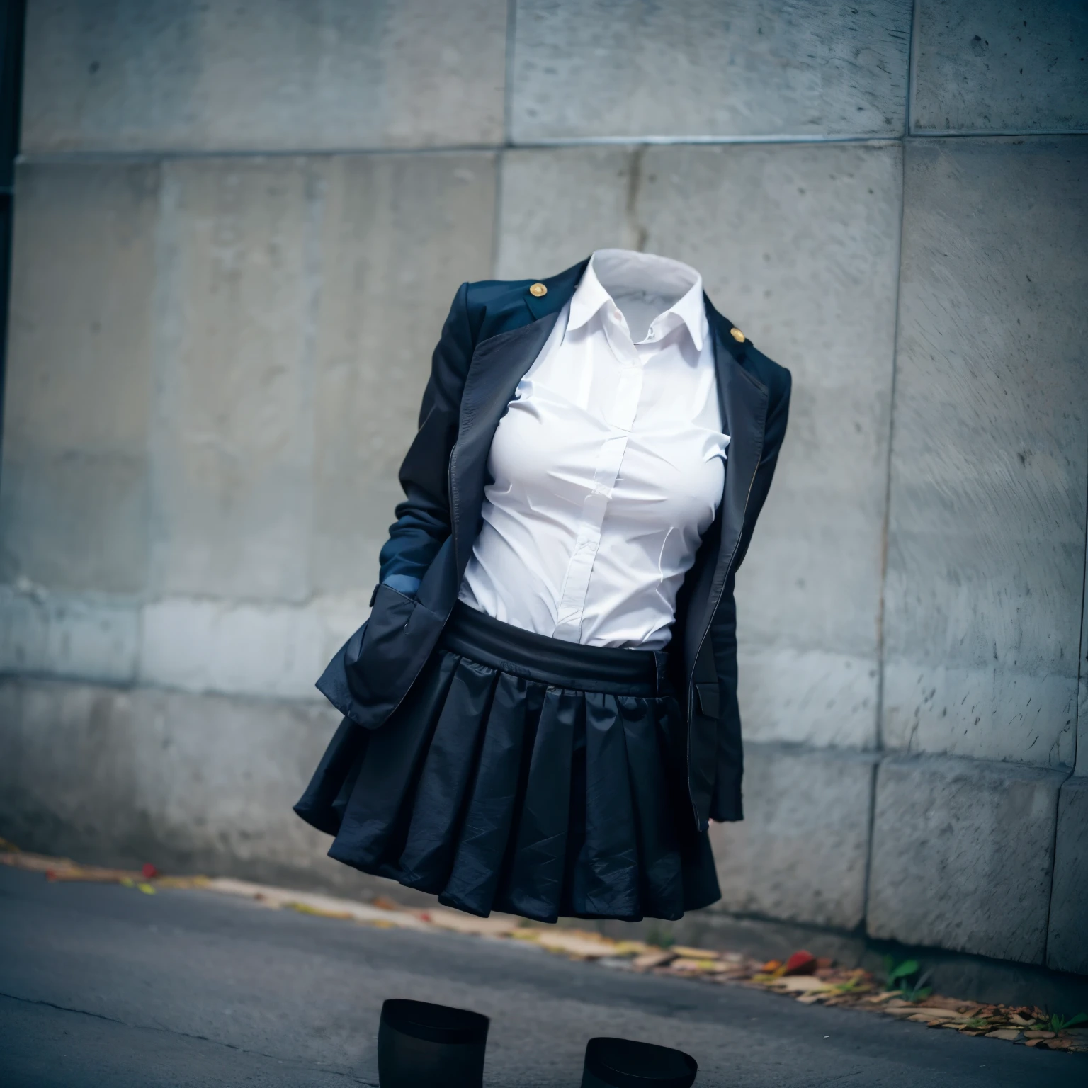 (invisible, no humans, headless, handless, faceless:1.8),cute big breasts, dynamic angle, white shirt, pleated skirt, striped necktie, collared shirt, black jacket, black skirt, long sleeves, school uniform, black socks, sarashina ruka, (close-up to breasts:1.4), best quality, high resolution, (8k, RAW photo, best quality, masterpiece:1.2), (realistic, photo-realistic:1.37), photon mapping, radiosity, ((Hasselblad photography)), physically-based rendering