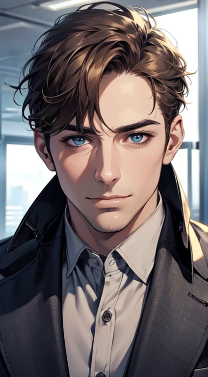 (best quality,4k,8k,highres,masterpiece:1.2),ultra-detailed,(realistic,photorealistic,photo-realistic:1.37),1 man,31 years old,mature man,very handsome,without expression,smile,short grey brown hair,blue eyes,penetrating gaze,perfect face without errors,imposing posture,businessman,office background,cinematic lighting,hdr image