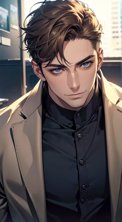 (best quality,4k,8k,highres,masterpiece:1.2),ultra-detailed,(realistic,photorealistic,photo-realistic:1.37),1 man,31 years old,mature man,very handsome,without expression,smile,short grey brown hair,blue eyes,penetrating gaze,perfect face without errors,imposing posture,businessman,office background,cinematic lighting,hdr image