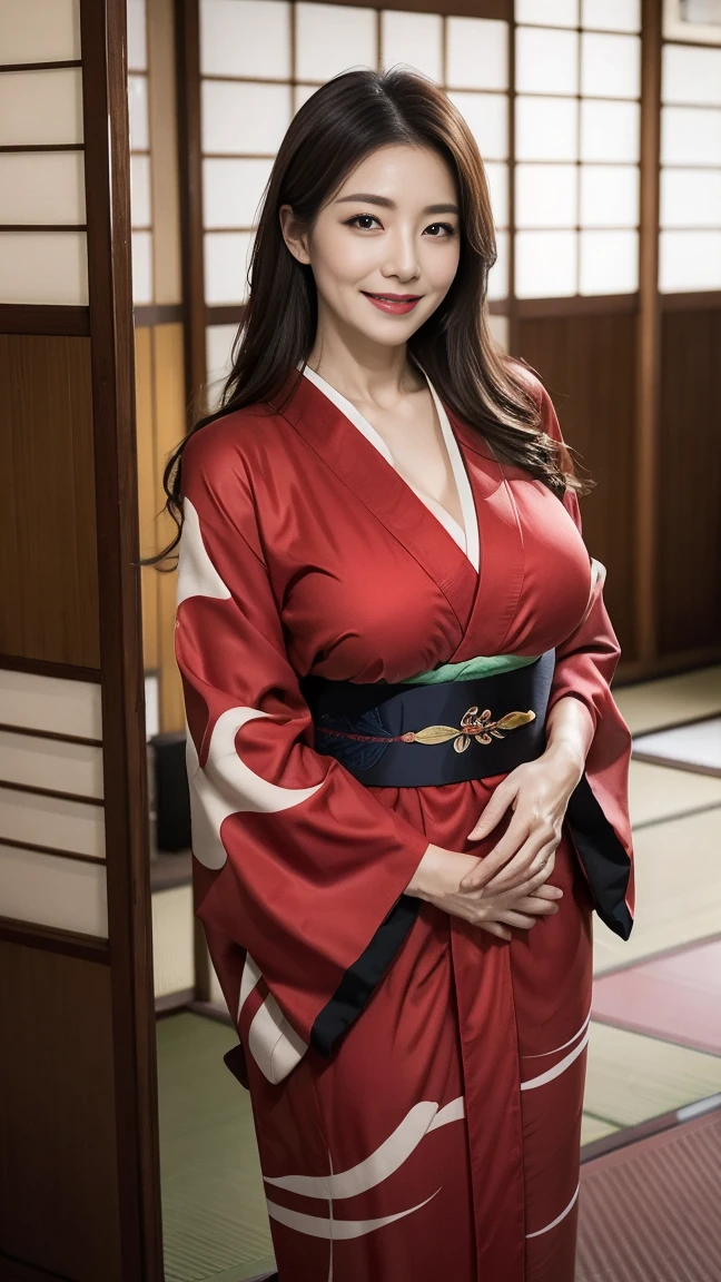 Mature attractive sexy woman,50 years old, ((kimono)),((vermilion))、(((kimono))),Shut,((Big Breasts:1.1)),(Facial wrinkles:1.3),light makeup,Light brown hair,Long Hair,(Full body photo:0.85),(Emphasize big buttocks),8k, RAW Photos, Highest quality, Laughter,masterpiece,Highest quality、A kind smile、A captivating gaze、Random Hairstyles、Japanese-style room、Shoji Screen、lanthanum、